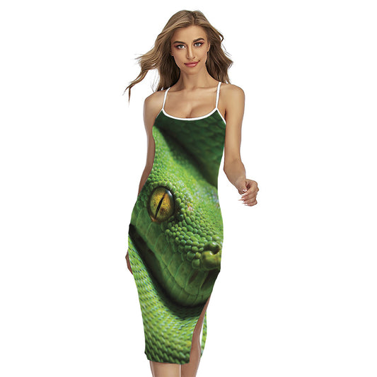 Green Tree Python Snake Print Cross Back Cami Dress