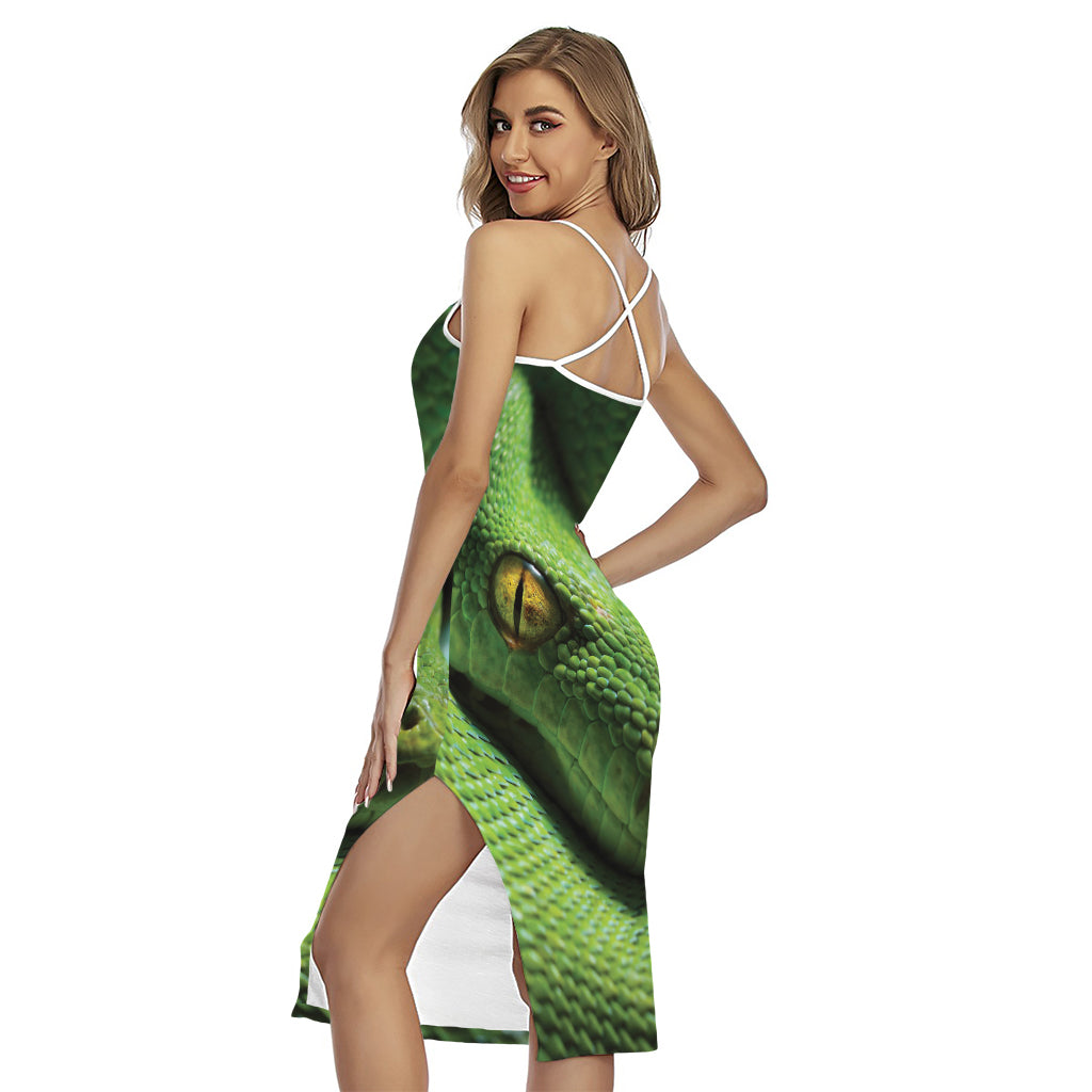 Green Tree Python Snake Print Cross Back Cami Dress