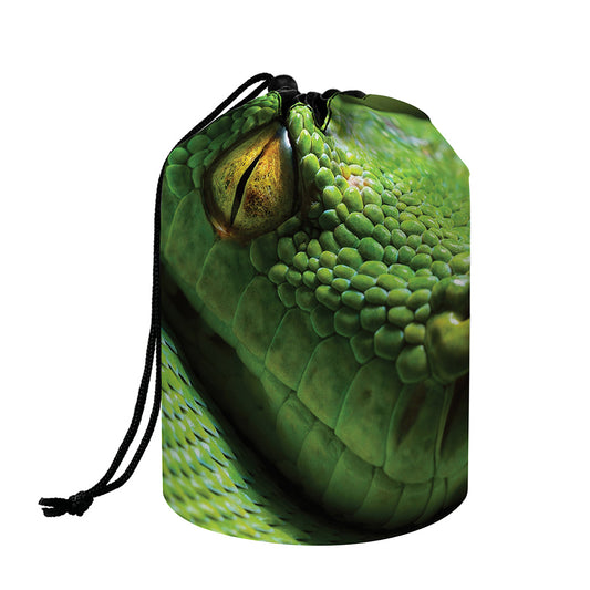 Green Tree Python Snake Print Drawstring Makeup Bag