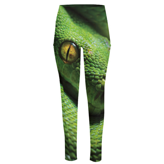 Green Tree Python Snake Print High-Waisted Pocket Leggings