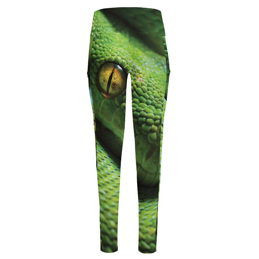 Green Tree Python Snake Print High-Waisted Pocket Leggings
