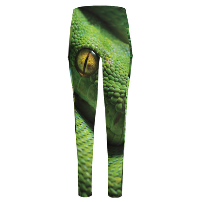 Green Tree Python Snake Print High-Waisted Pocket Leggings