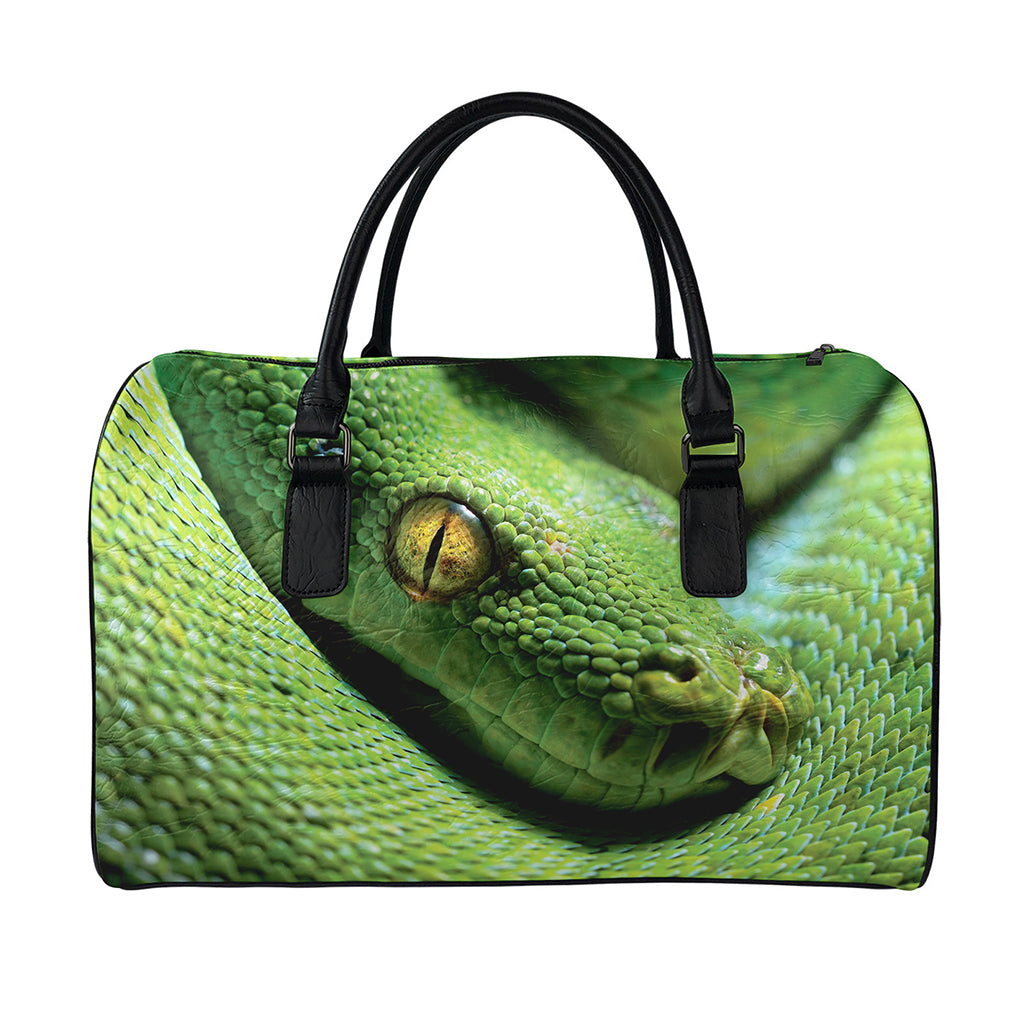 Green Tree Python Snake Print Leather Duffle Bag