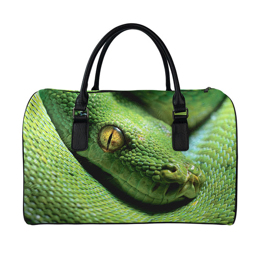 Green Tree Python Snake Print Leather Duffle Bag