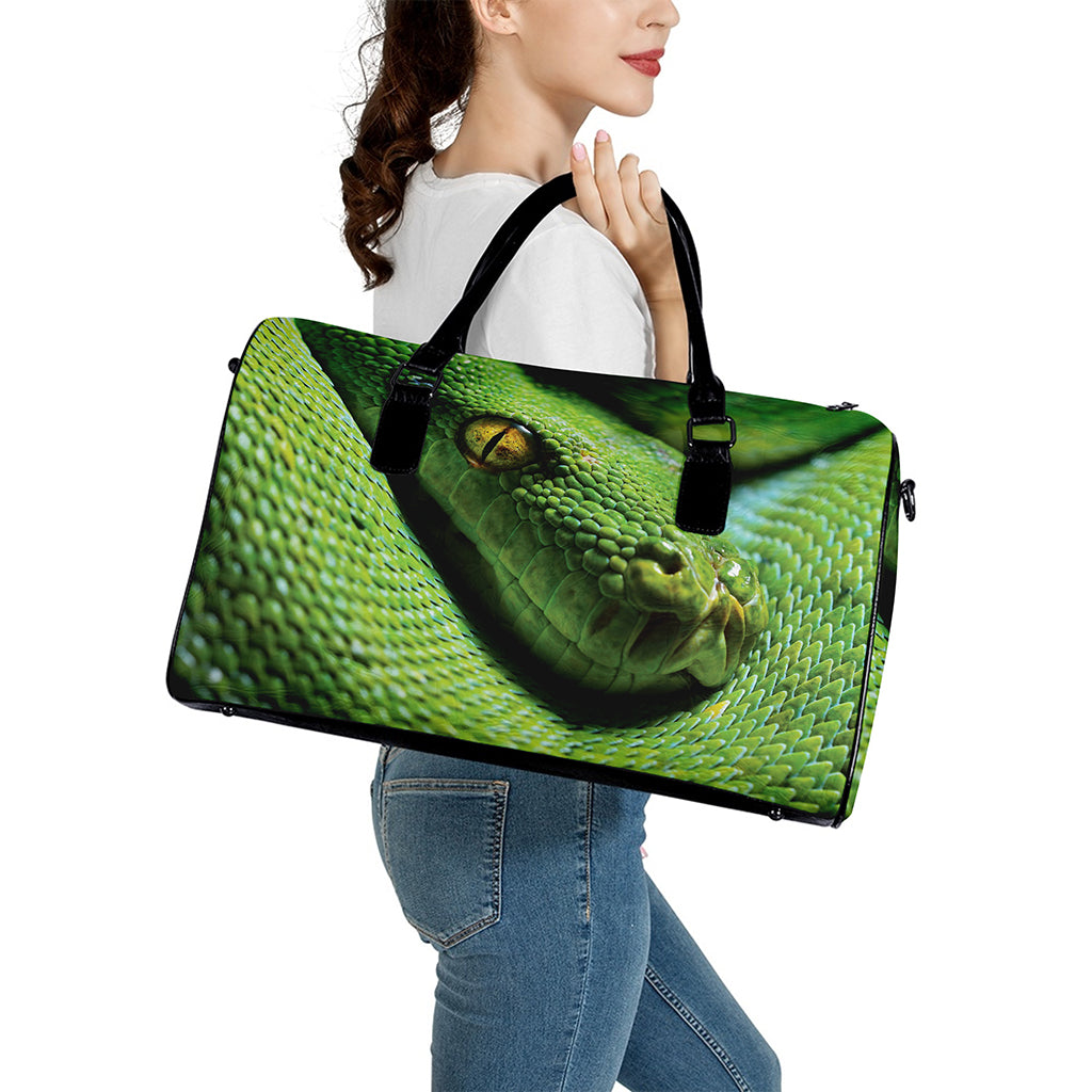 Green Tree Python Snake Print Leather Duffle Bag