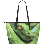 Green Tree Python Snake Print Leather Tote Bag