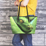 Green Tree Python Snake Print Leather Tote Bag