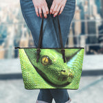 Green Tree Python Snake Print Leather Tote Bag