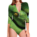 Green Tree Python Snake Print Long Sleeve Swimsuit