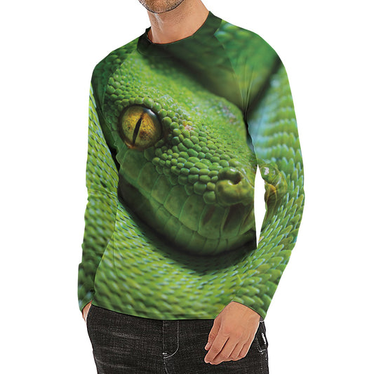 Green Tree Python Snake Print Men's Long Sleeve Rash Guard