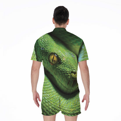 Green Tree Python Snake Print Men's Rompers