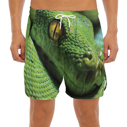 Green Tree Python Snake Print Men's Split Running Shorts