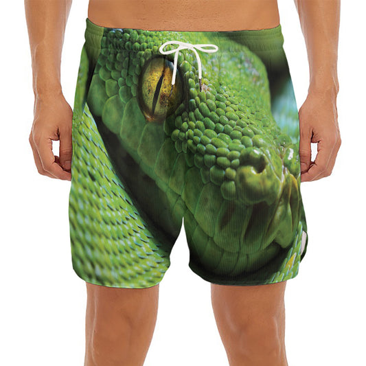 Green Tree Python Snake Print Men's Split Running Shorts