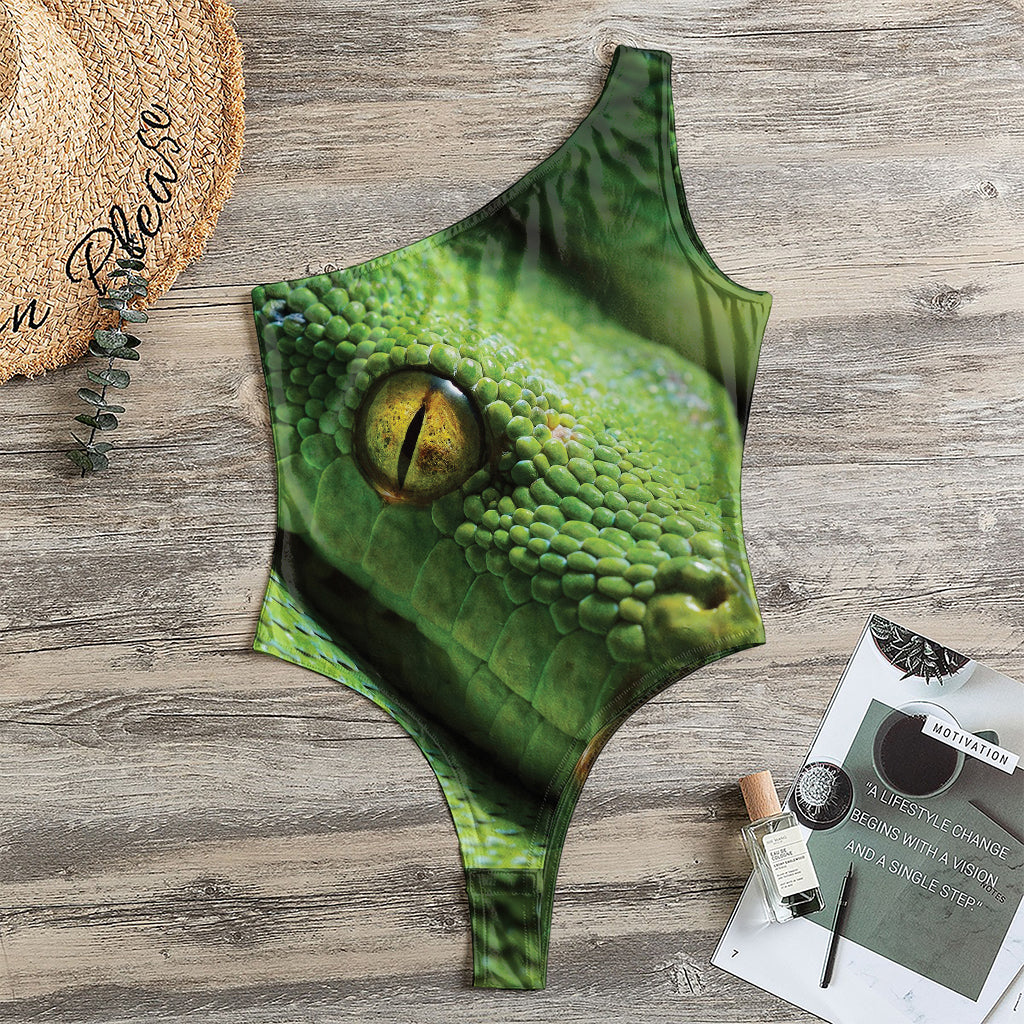 Green Tree Python Snake Print One Shoulder Bodysuit