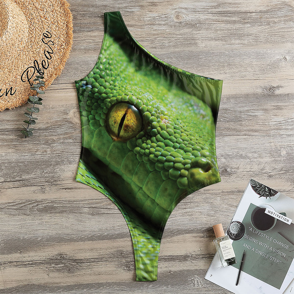 Green Tree Python Snake Print One Shoulder Bodysuit