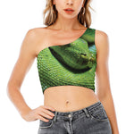 Green Tree Python Snake Print One Shoulder Crop Top