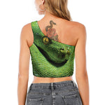 Green Tree Python Snake Print One Shoulder Crop Top