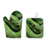 Green Tree Python Snake Print Oven Mitt And Pot Holder Set