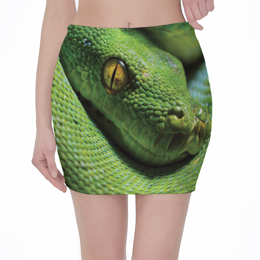 Green Tree Python Snake Print Pencil Mini Skirt
