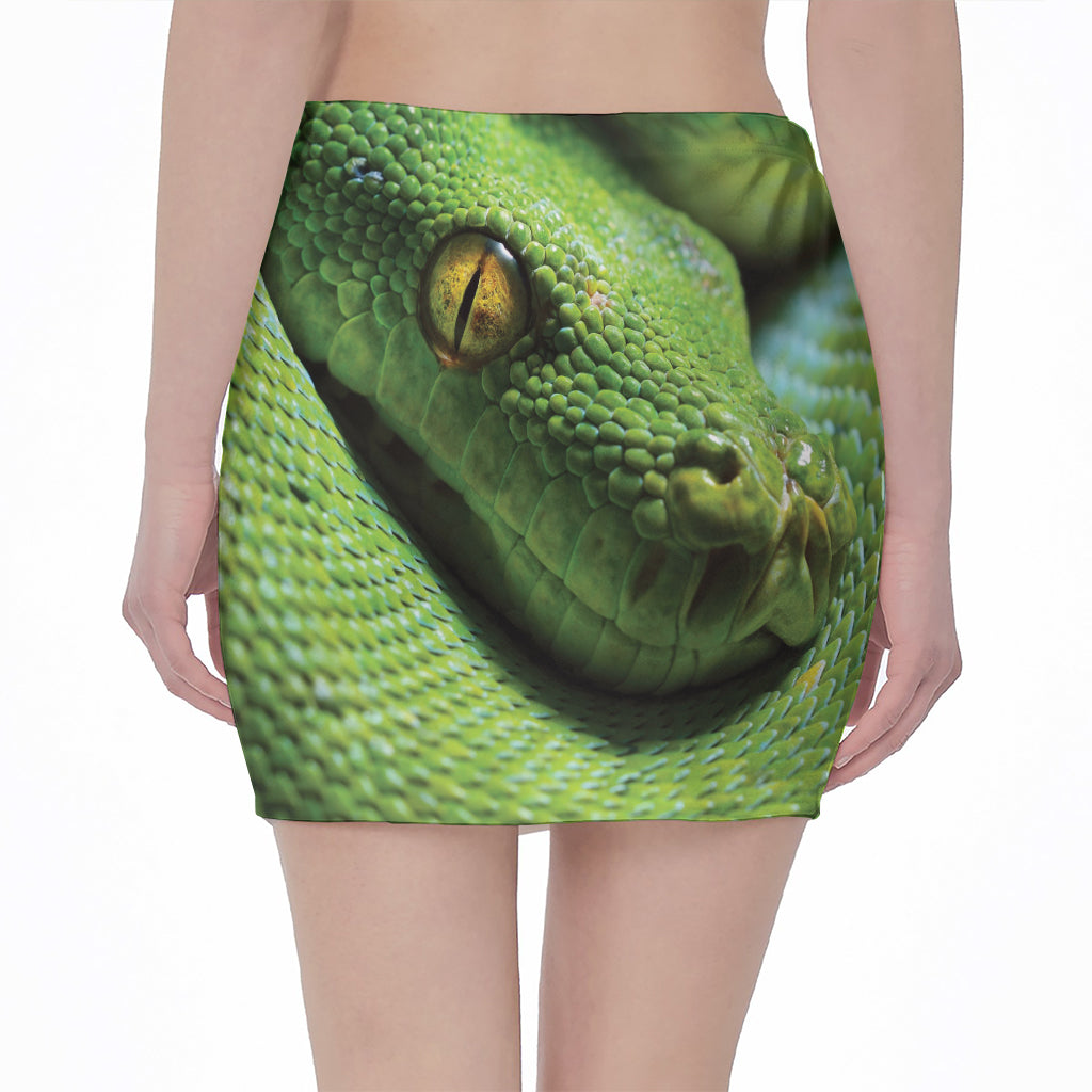 Green Tree Python Snake Print Pencil Mini Skirt