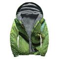 Green Tree Python Snake Print Sherpa Lined Zip Up Hoodie