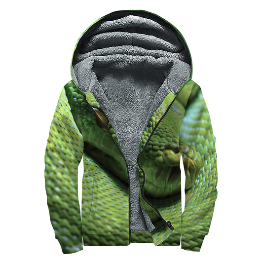 Green Tree Python Snake Print Sherpa Lined Zip Up Hoodie