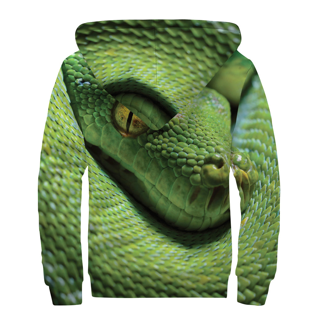 Green Tree Python Snake Print Sherpa Lined Zip Up Hoodie