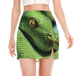 Green Tree Python Snake Print Side Slit Mini Skirt