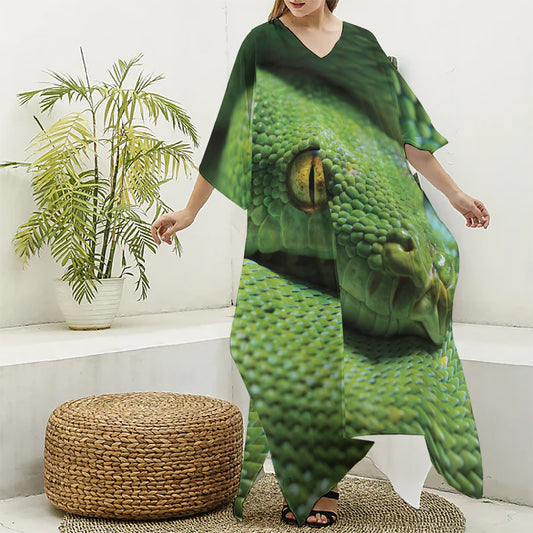 Green Tree Python Snake Print Silk V-Neck Kaftan Dress