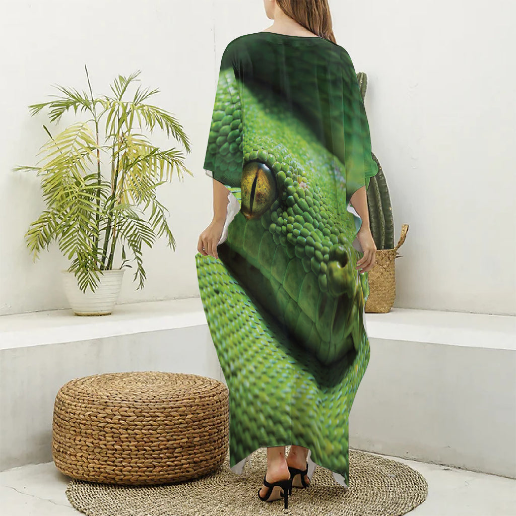 Green Tree Python Snake Print Silk V-Neck Kaftan Dress
