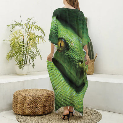 Green Tree Python Snake Print Silk V-Neck Kaftan Dress