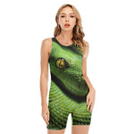 Green Tree Python Snake Print Sleeveless One Piece Swimsuit