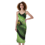 Green Tree Python Snake Print Slim Fit Midi Cami Dress