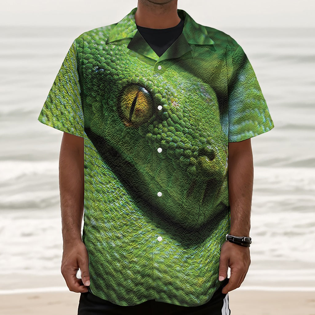 Green Tree Python Snake Print Textured Short Sleeve Shirt