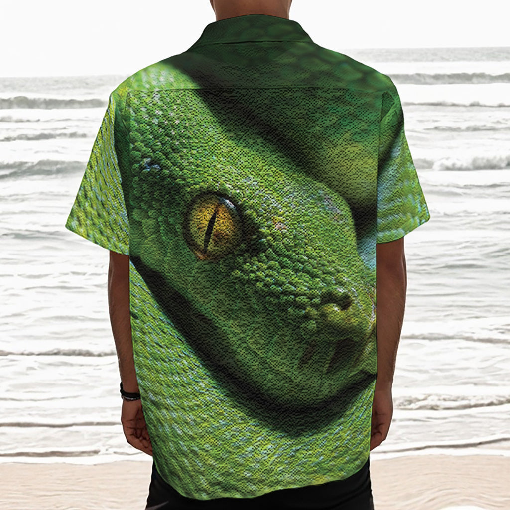 Green Tree Python Snake Print Textured Short Sleeve Shirt
