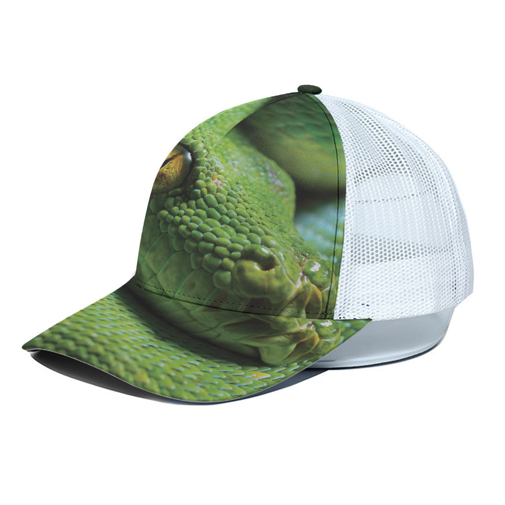 Green Tree Python Snake Print White Mesh Trucker Cap