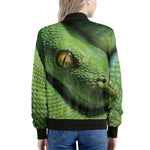 Green Tree Python Snake Print Women's Bomber Jacket