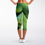 Green Tree Python Snake Print Women's Capri Leggings