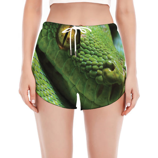 Green Tree Python Snake Print Women's Split Running Shorts
