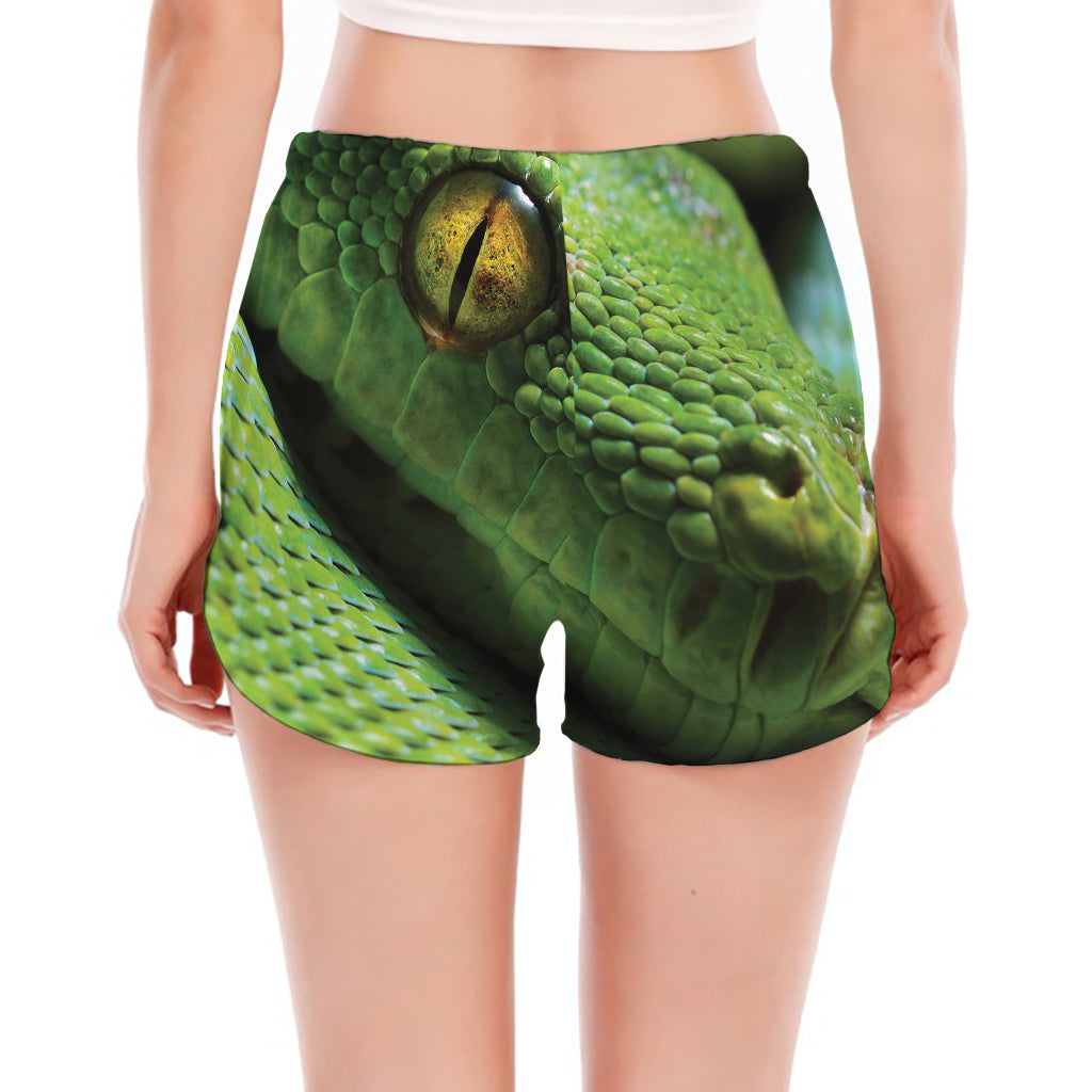 Green Tree Python Snake Print Women's Split Running Shorts