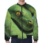 Green Tree Python Snake Print Zip Sleeve Bomber Jacket