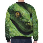 Green Tree Python Snake Print Zip Sleeve Bomber Jacket
