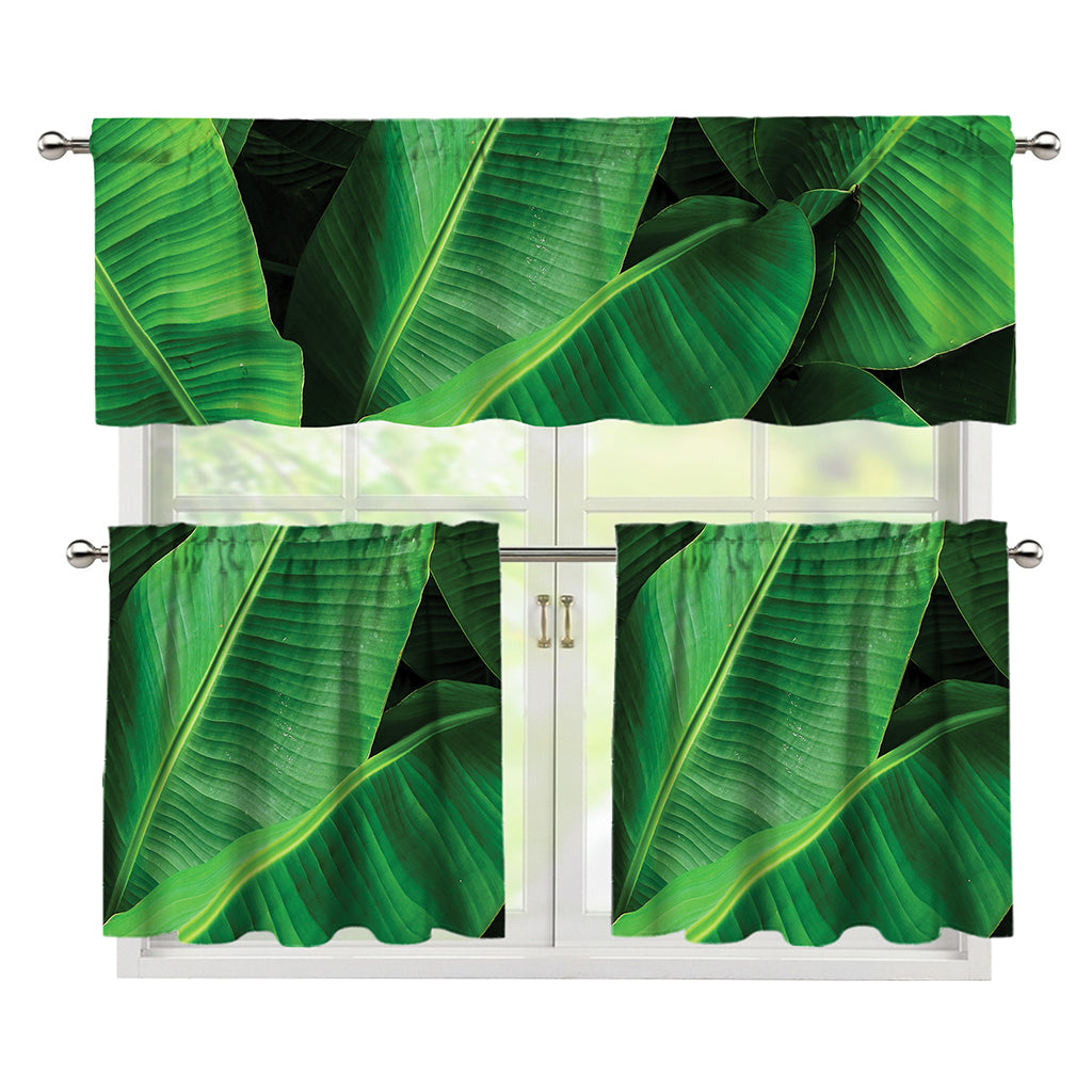 Green Tropical Banana Palm Leaf Print 3 Piece Kitchen Curtains