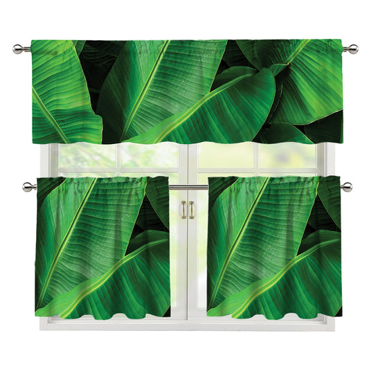Green Tropical Banana Palm Leaf Print 3 Piece Kitchen Curtains