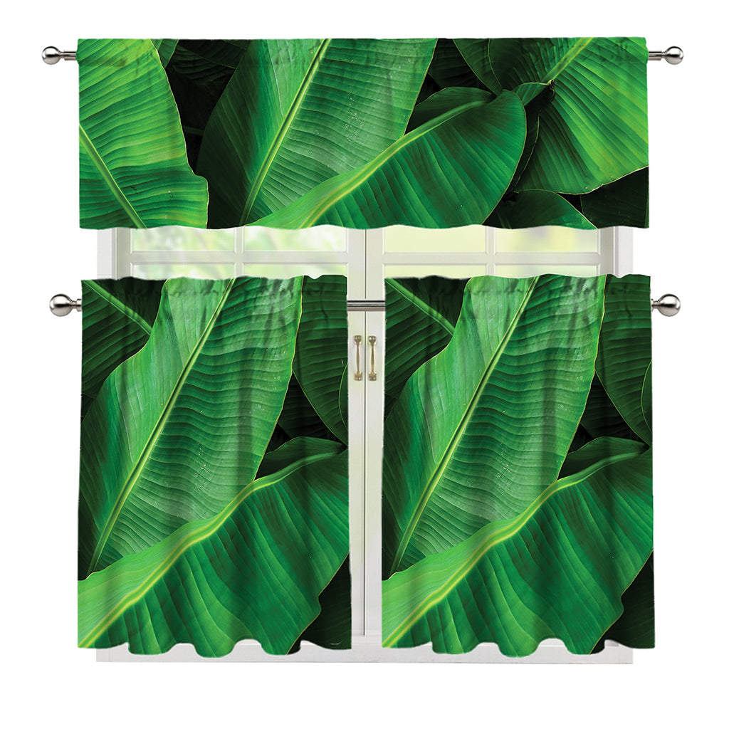 Green Tropical Banana Palm Leaf Print 3 Piece Kitchen Curtains
