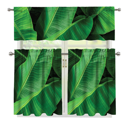Green Tropical Banana Palm Leaf Print 3 Piece Kitchen Curtains
