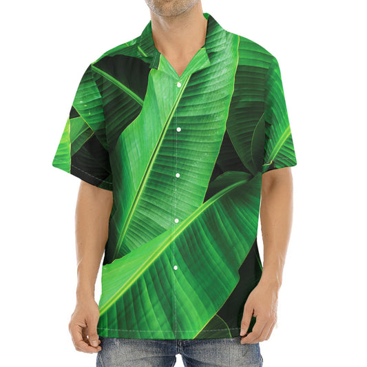 Green Tropical Banana Palm Leaf Print Aloha Shirt