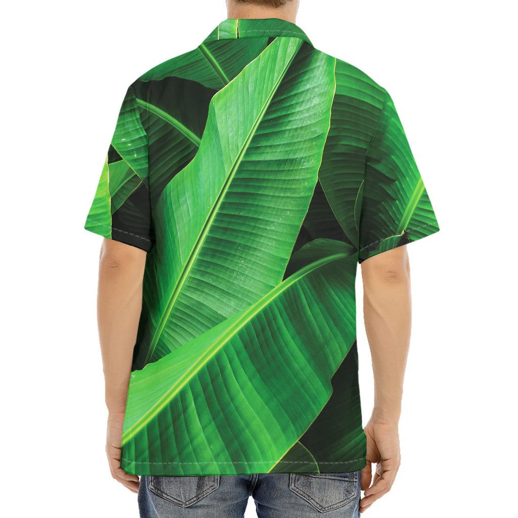 Green Tropical Banana Palm Leaf Print Aloha Shirt