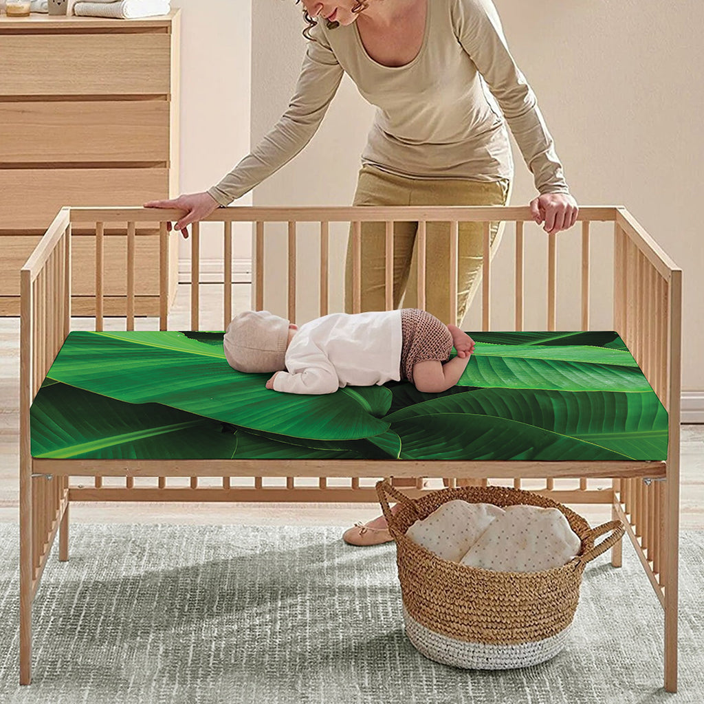 Green Tropical Banana Palm Leaf Print Baby Crib Sheet