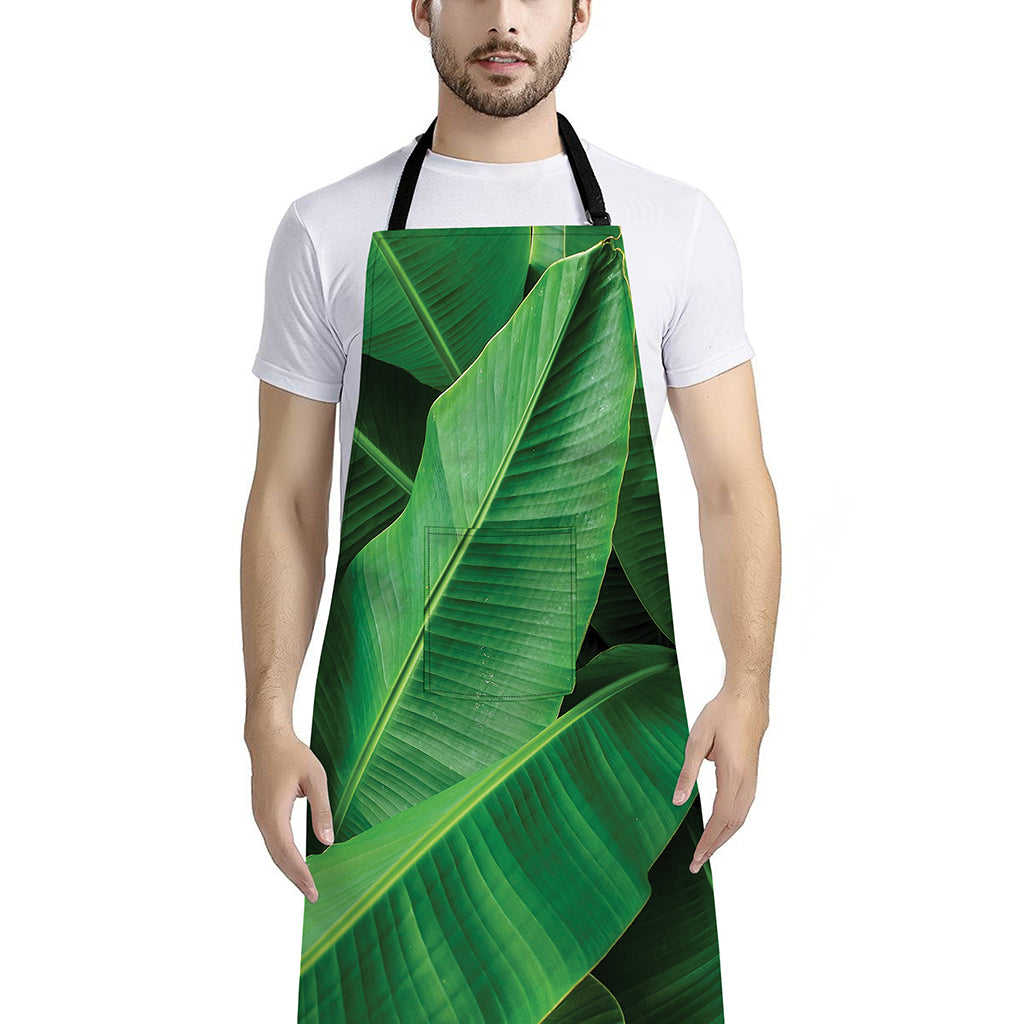 Green Tropical Banana Palm Leaf Print Bib Apron With Pocket